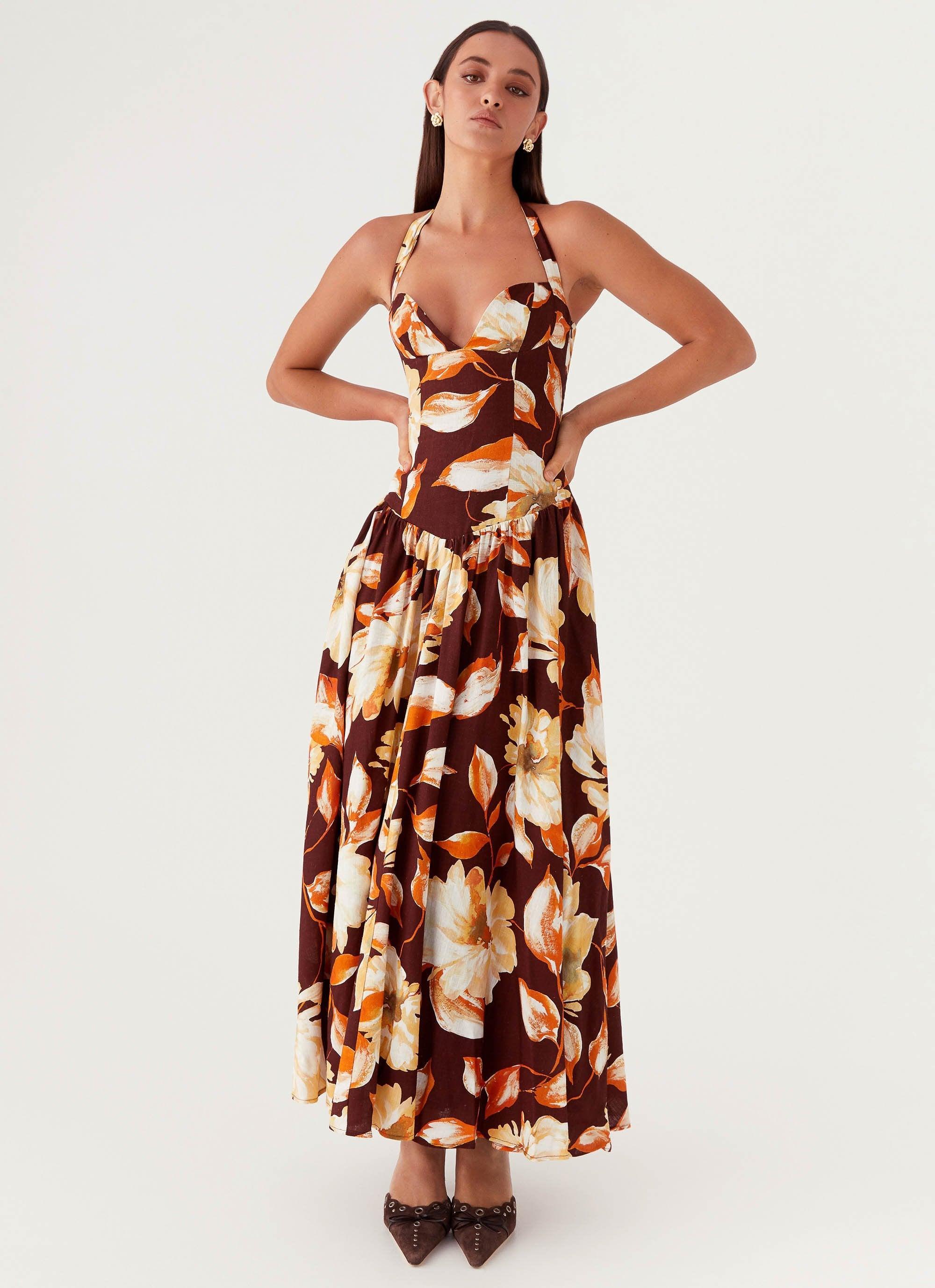 Dahlia Linen Maxi Dress - Brown Floral Product Image