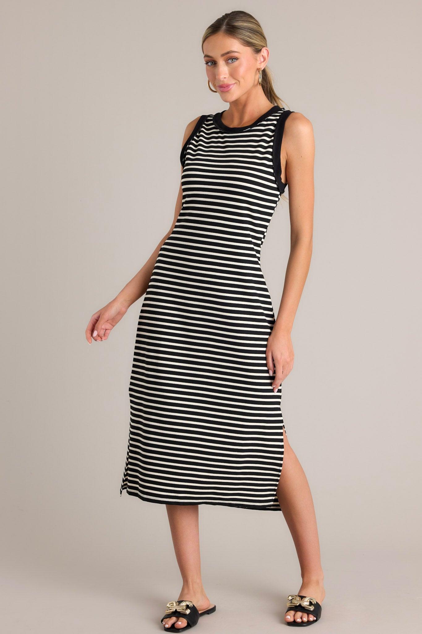 Classic Contrast Black Stripe Midi Dress Product Image