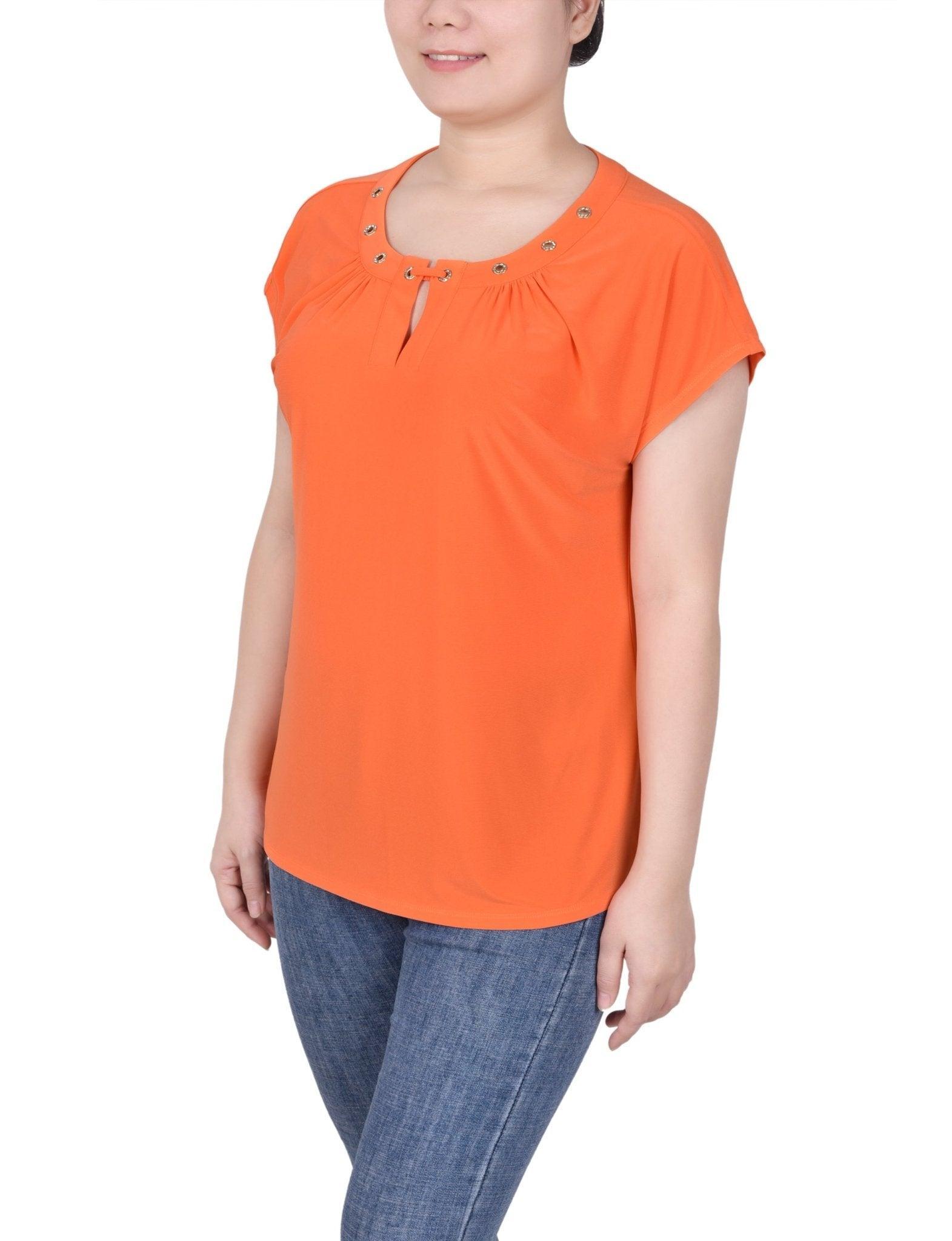 Short Extended-Sleeve Grommet Neck Knit Top - Petite Product Image