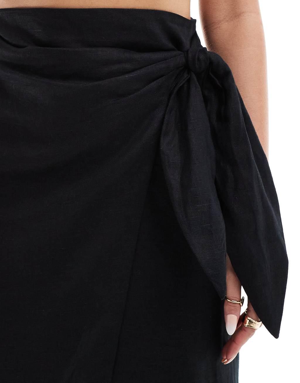 Mango wrap front linen skirt in black Product Image