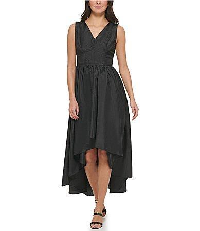 DKNY V-Neck Taffeta Fit and Flare Midi Dress Product Image