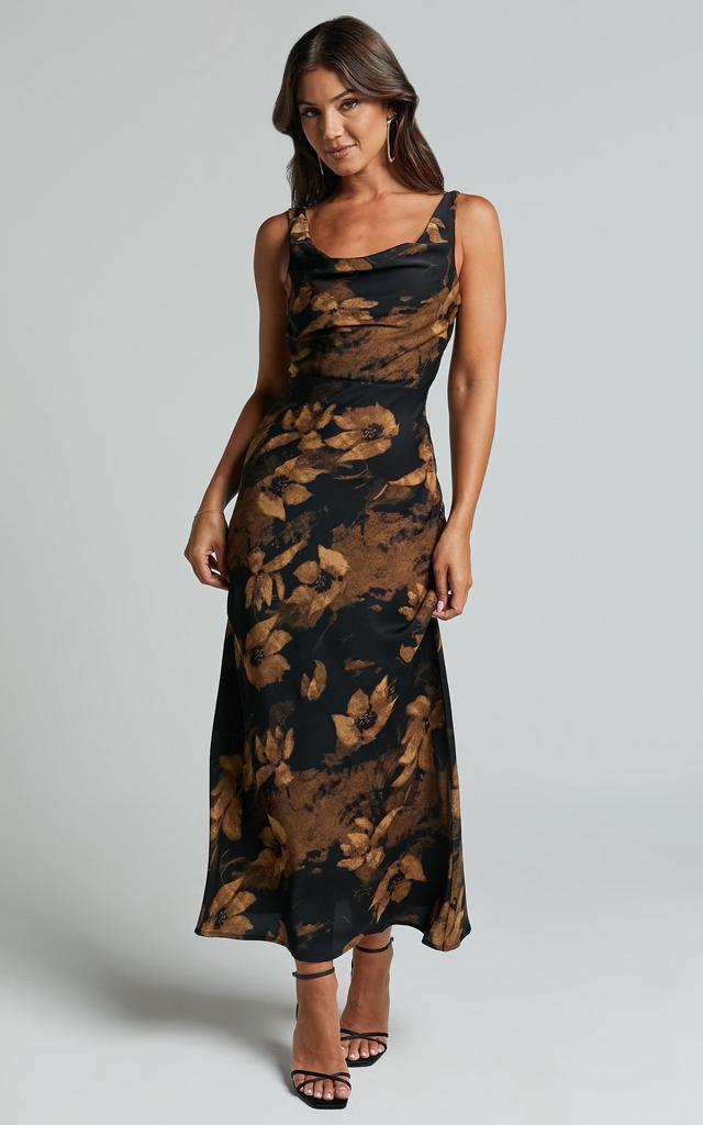 Dara Midi Dress - Low Neck Sleeveless Slip Dress in Amber Floral Print Product Image