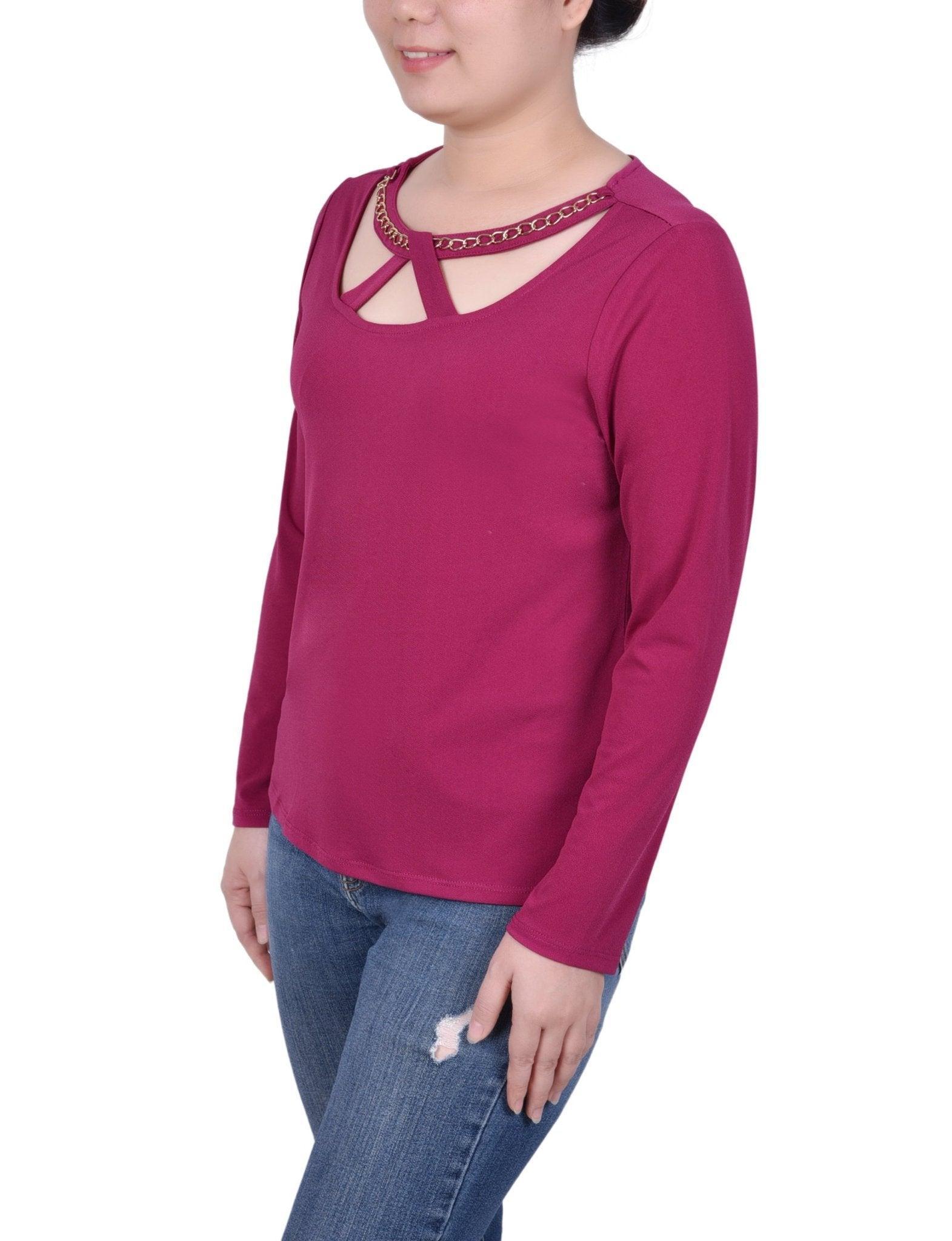 Long Sleeve Jeweled Neck Top - Petite Product Image