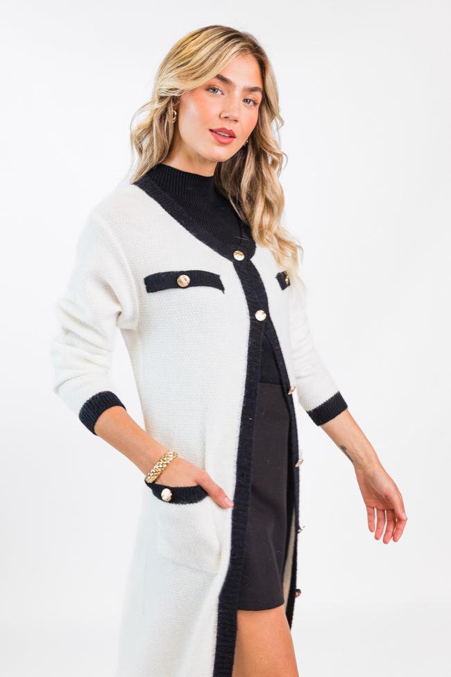 On Your Time Ivory and Black Long Button Front Cardigan FINAL SALE Product Image