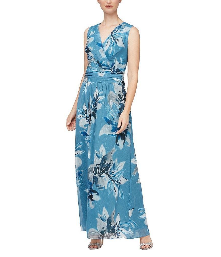 Ignite Evenings Petite Size Floral Print Surplice V-Neck Sleeveless Ruched Waist Chiffon Maxi Dress Product Image