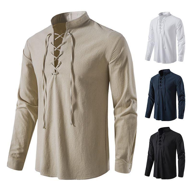 Long-Sleeve Collared Lace Up Shirt Product Image