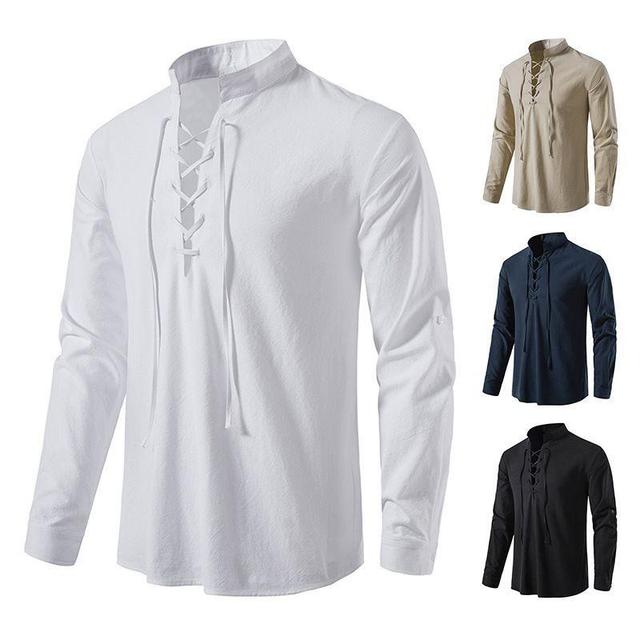 Long-Sleeve Collared Lace Up Shirt Product Image