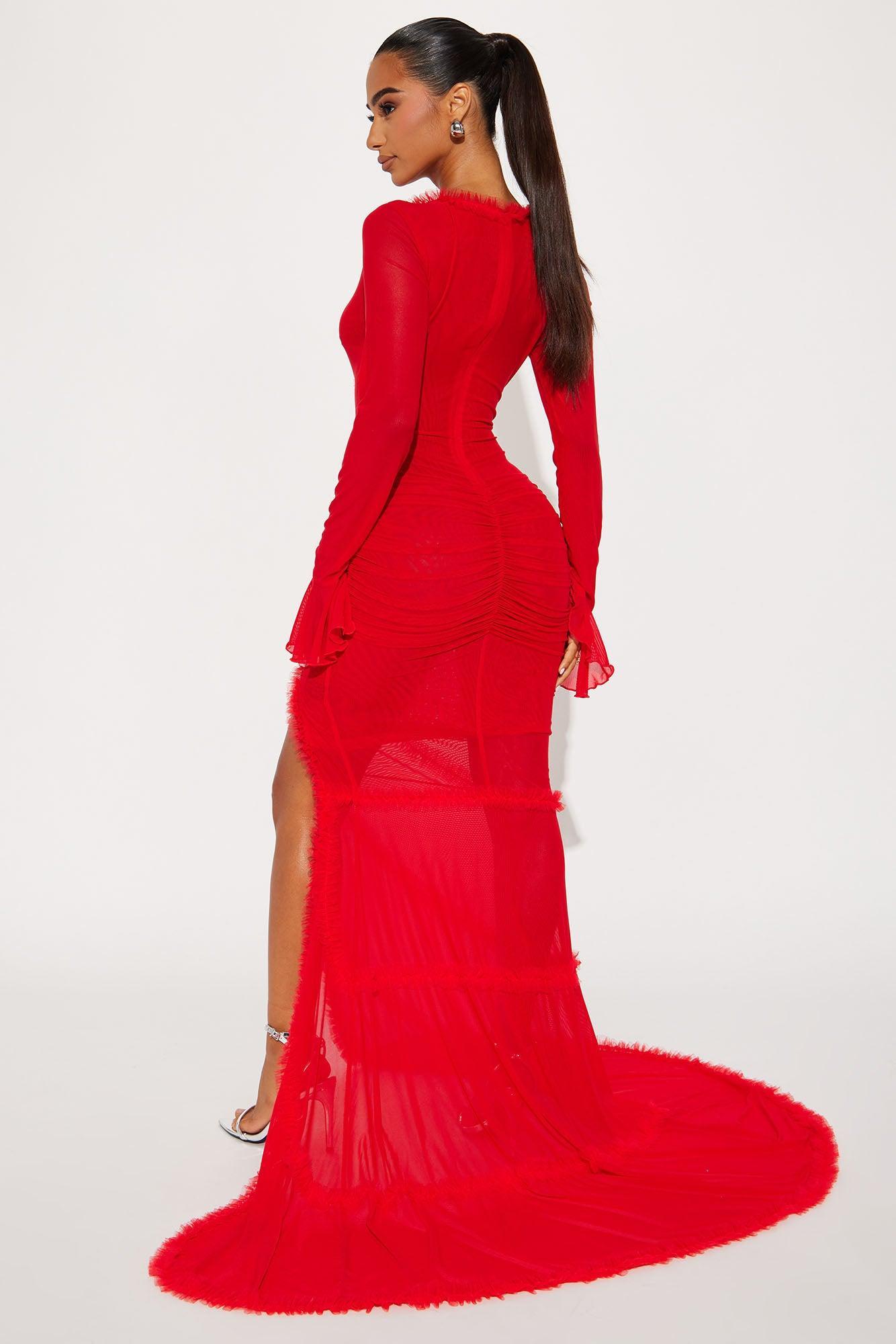 Kianna Long Sleeve Mesh Maxi Dress - Red Product Image