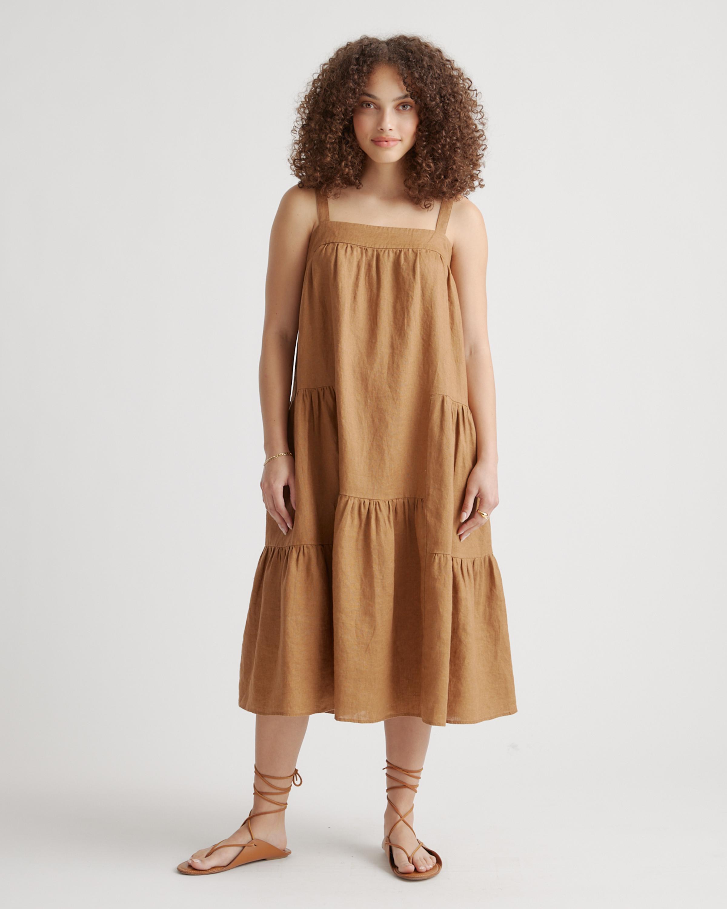 Womens 100% European Linen Trapeze Midi Dress in Golden Brown, Size XS by Quince Product Image