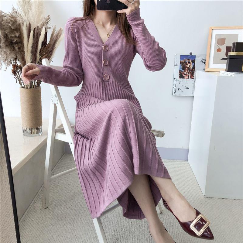 Long-Sleeve V-Neck Plain Ribbed Midi Knit Dress Product Image