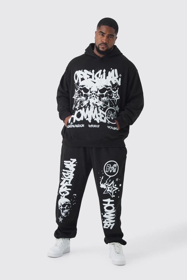 Plus Official Homme Skull Print Oversized Tracksuit in Black | boohooMAN USA Product Image