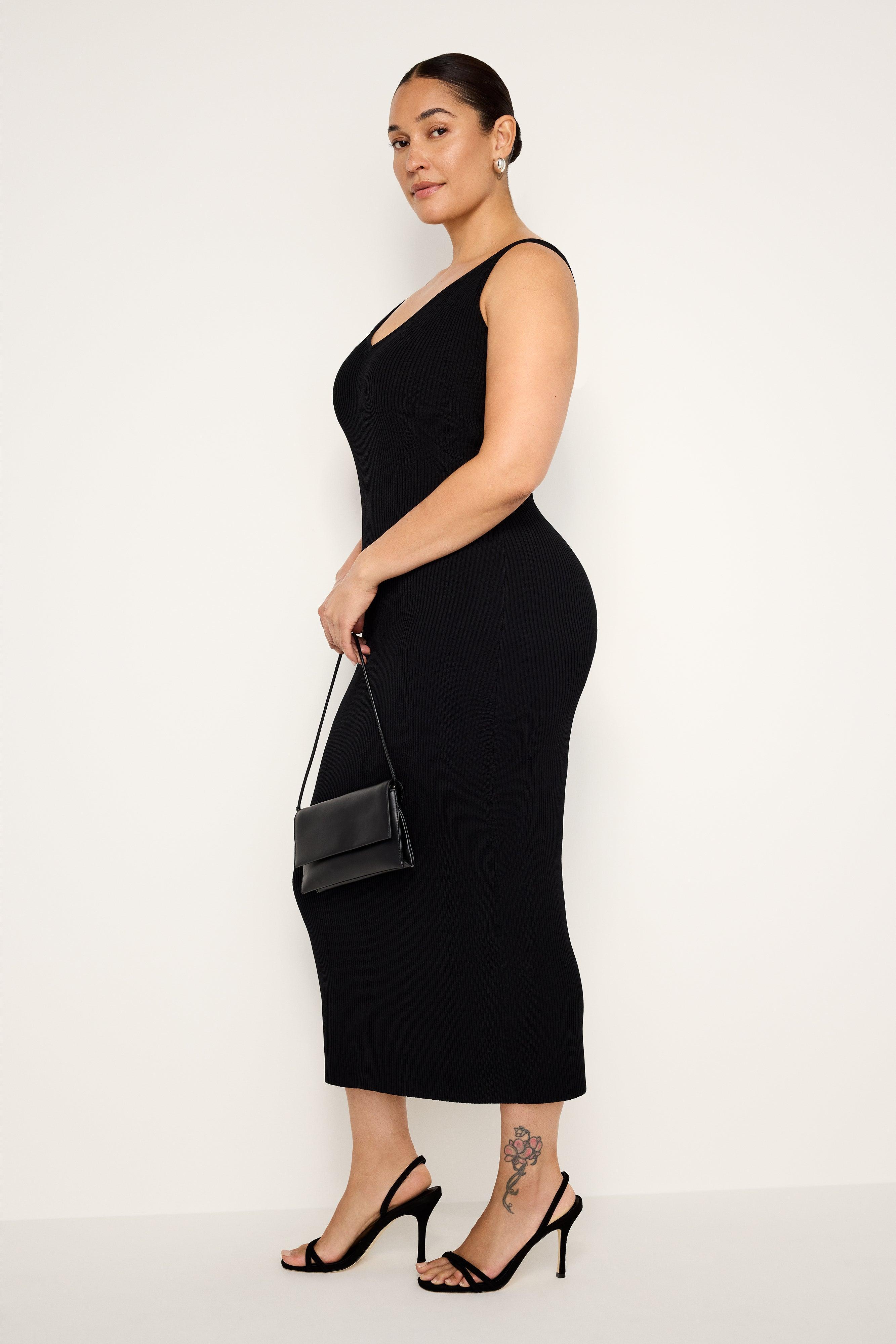 STRETCH RIB KNIT SLEEVELESS MIDI DRESS | BLACK001 Product Image