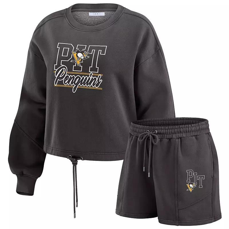 Womens WEAR by Erin Andrews Pittsburgh Penguins Washed Fleece Sweatshirt & Shorts Lounge Set Product Image