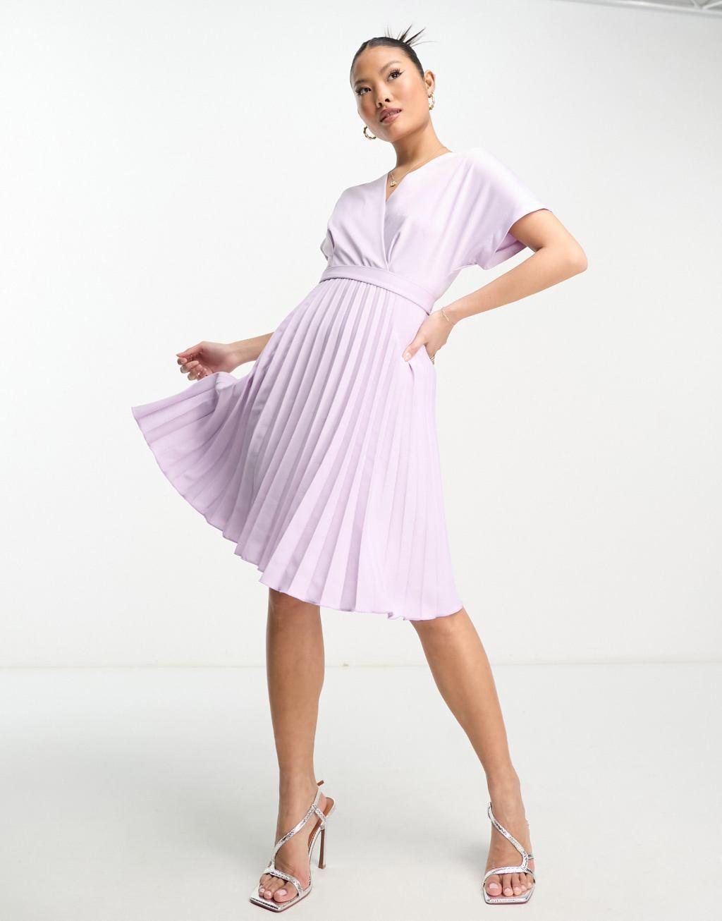 Closet London Petite wrap front pleated mini dress in lavender Product Image