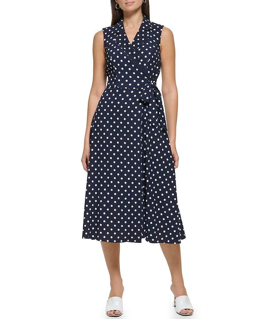 DKNY Dot Print Surplice V-Neck Sleeveless Faux Wrap Midi Dress Product Image