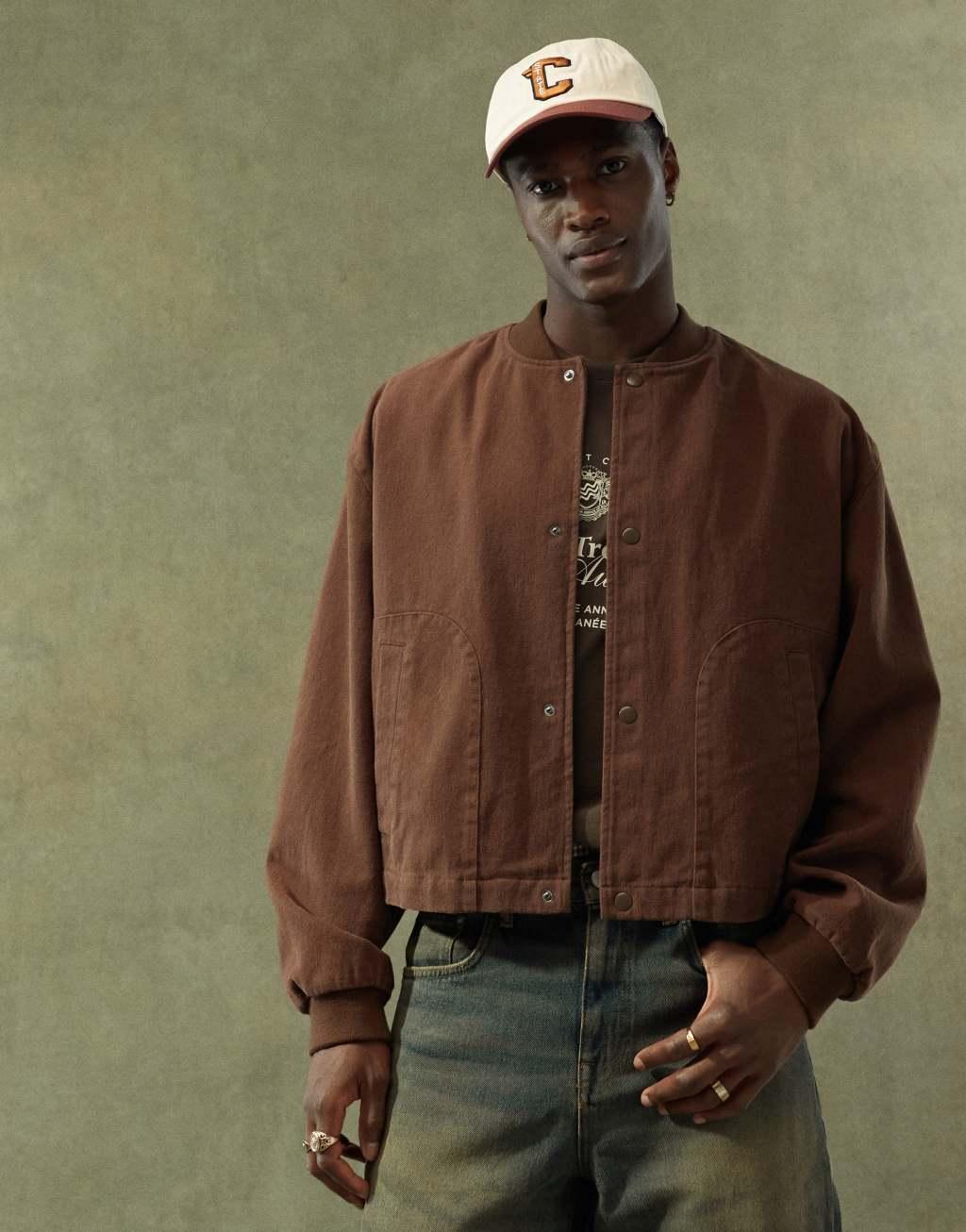 ASOS DESIGN oversized cropped bomber jacket in brown Product Image