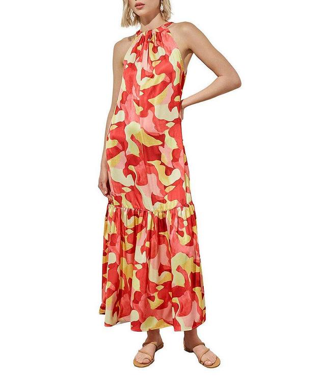 Ming Wang Abstract Print Crepe De Chine Halter Neck Sleeveless Tiered Ruffle Drop Waist Maxi Dress Product Image