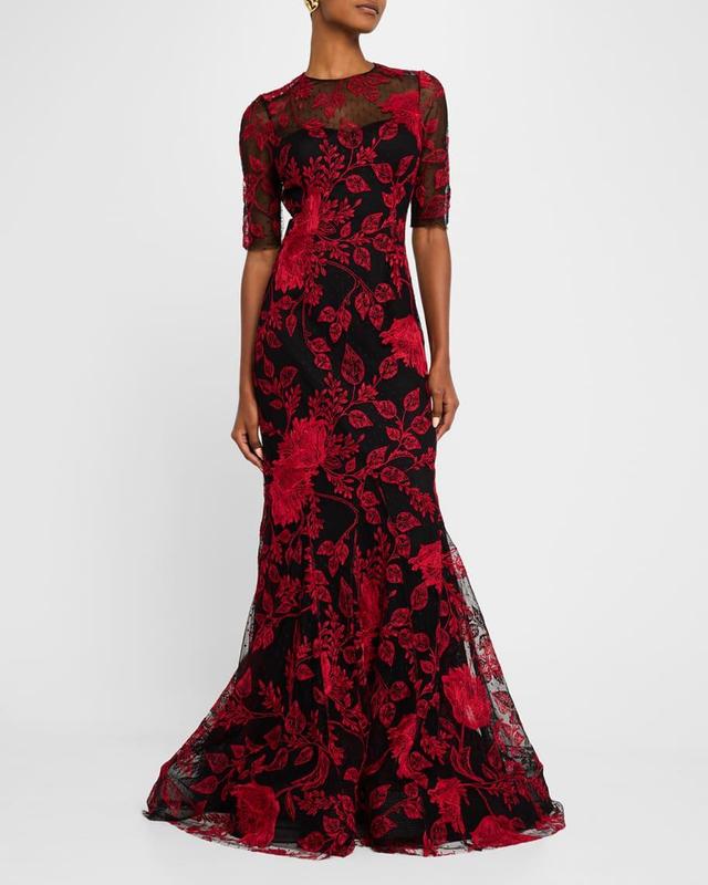 Floral-Embroidered Lace Trumpet Gown Product Image