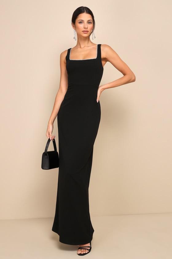 Timeless Poise Black Rhinestone Square Neck Backless Maxi Dress Product Image