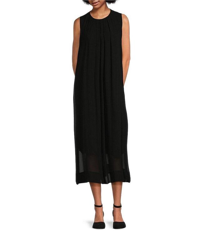 Eileen Fisher Sheer Silk Georgette Round Neck Sleeveless Pleated Dress Product Image