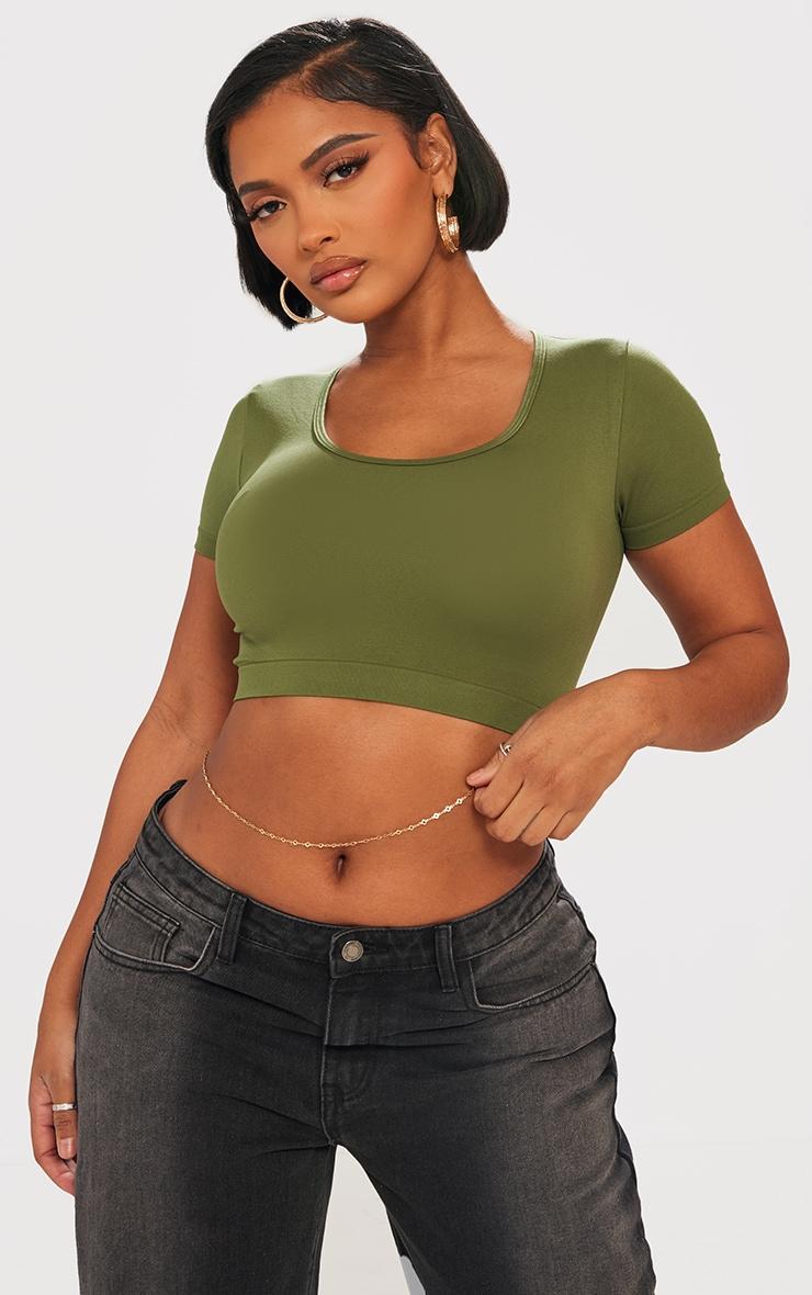 Shape Khaki Stretch Seamless Scoop Neck Crop T Shirt Product Image