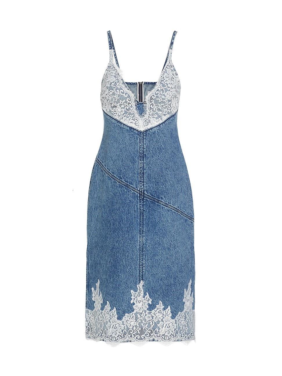 Womens Lace-Embellished Denim Midi-Dress Product Image