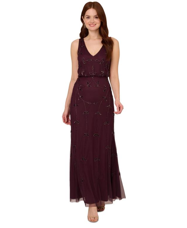 Adrianna Papell Womens V-Neck Sleeveless Beaded Blouson Dress Product Image