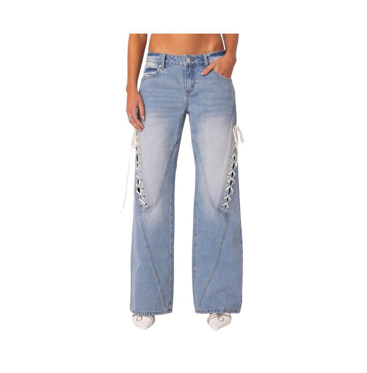 Edikted Womens Low Rise Ribbon Lace Up Jeans Product Image