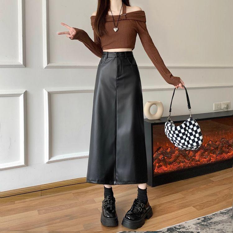 High Rise Plain Faux Leather Maxi A-Line Skirt product image