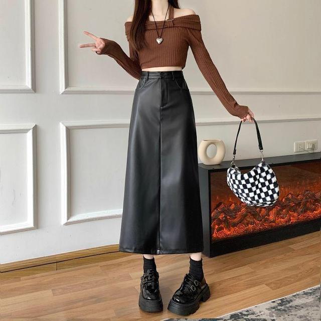 High Rise Plain Faux Leather Maxi A-Line Skirt Product Image