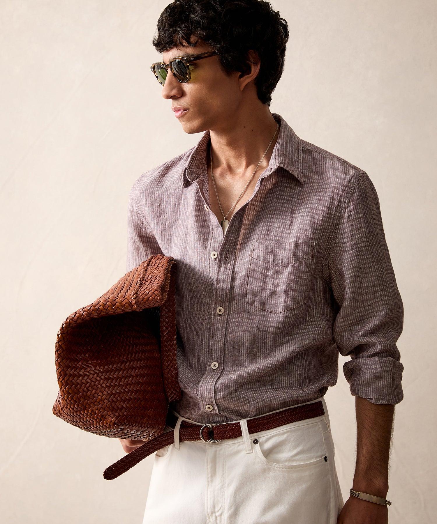 Slim Fit Sea Soft Irish Linen Shirt in Dusty Brown Micro Stripe Product Image