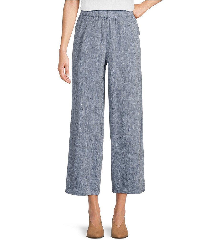 Eileen Fisher Chambray Organic Linen Yarn-Dyed Wide-Leg Pull-On Ankle Pants Product Image