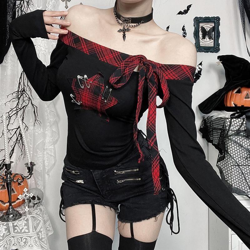 Long-Sleeve Off Shoulder Star Applique Tee Product Image