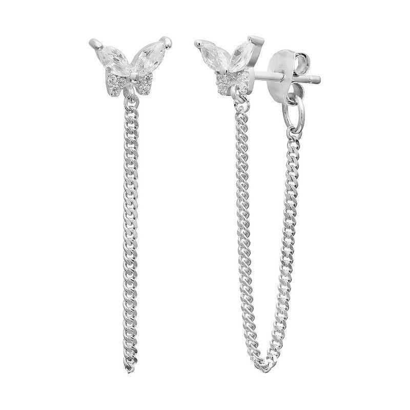 PRIMROSE Sterling Silver Marquise Cubic Zirconia Butterfly Curb Chain Front to Back Drop Earrings, Womens, Grey Product Image