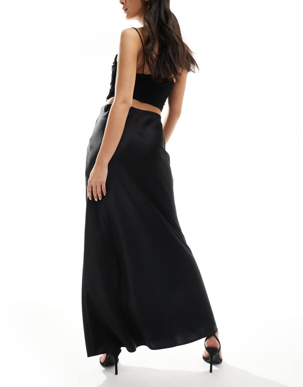 YAS satin bias cut maxi skirt in black Product Image