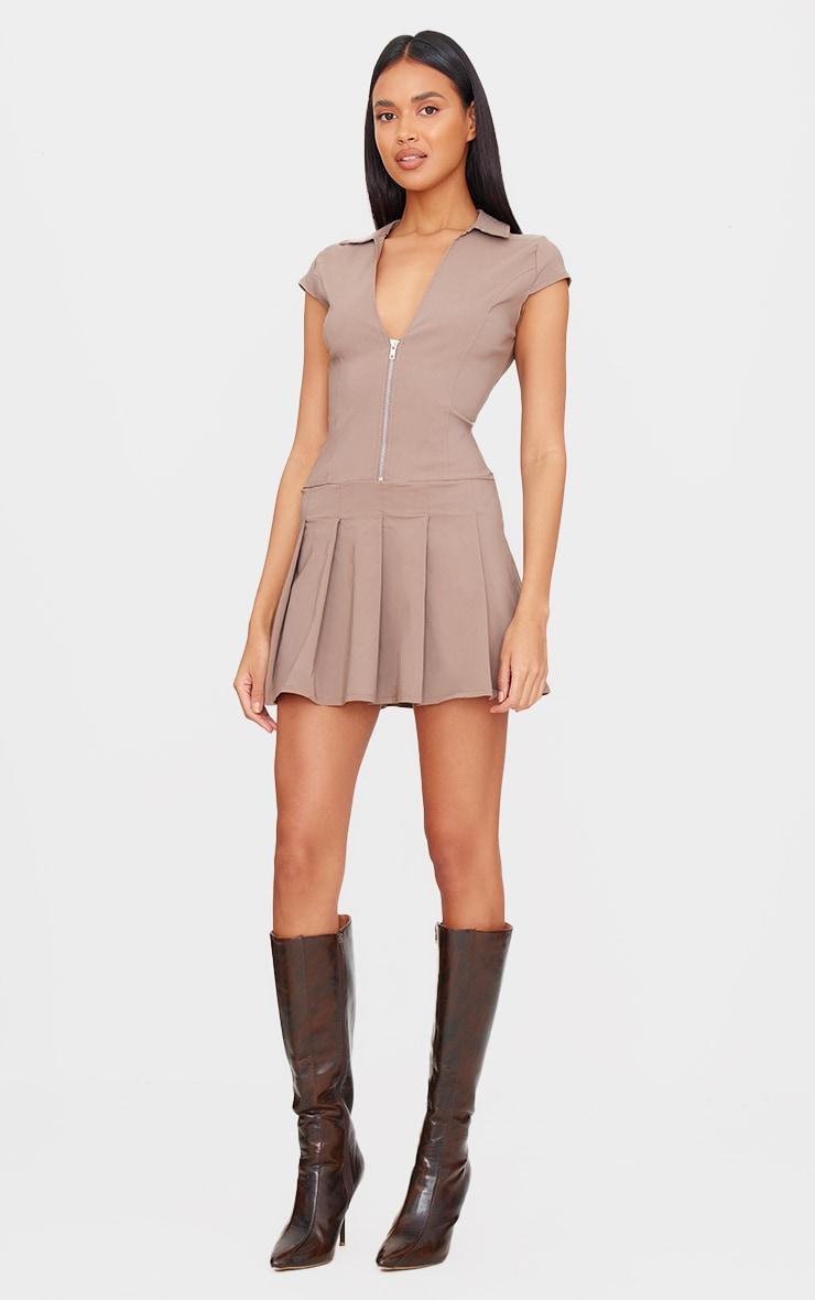 Taupe Zip Up Pleated Shift Dress Product Image