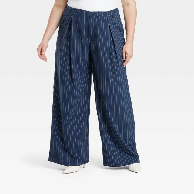 Womens High-Rise Wide Leg Pleated Front Trousers - A New Day Navy Pinstripe 18 Product Image