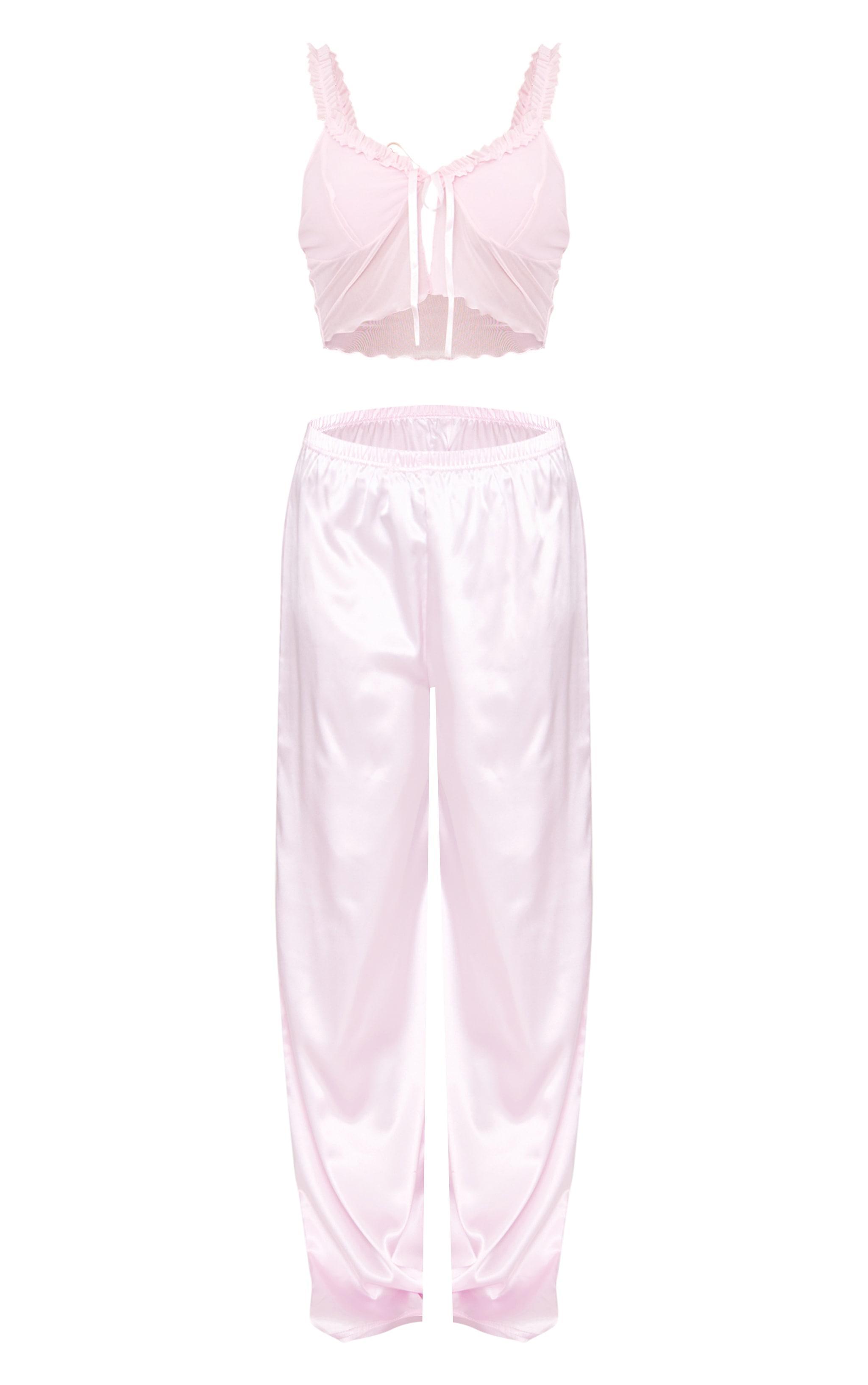 Pink Mesh Tie Front Cami Long Satin PJ Set Product Image