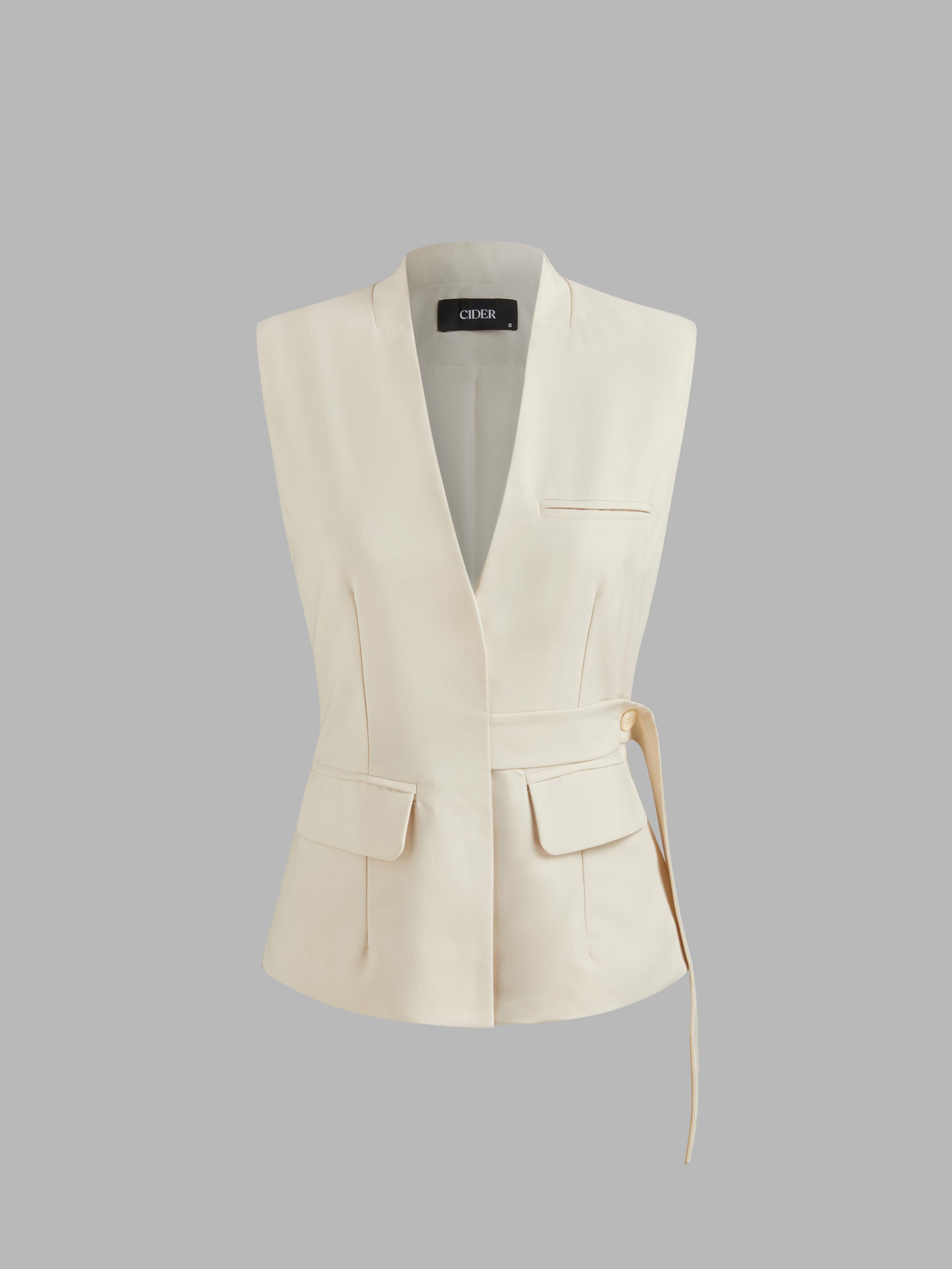 V-neck Solid Belted Blazer Vest Product Image