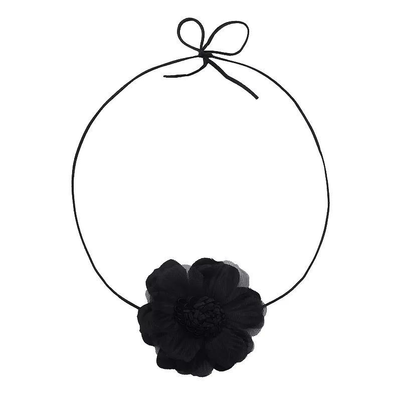 Emberly Black Cord & Flower Wrapped Choker Necklace, Womens Product Image