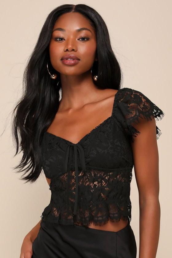 Romantic Sweetness Black Lace Cap Sleeve Tie-Back Crop Top Product Image