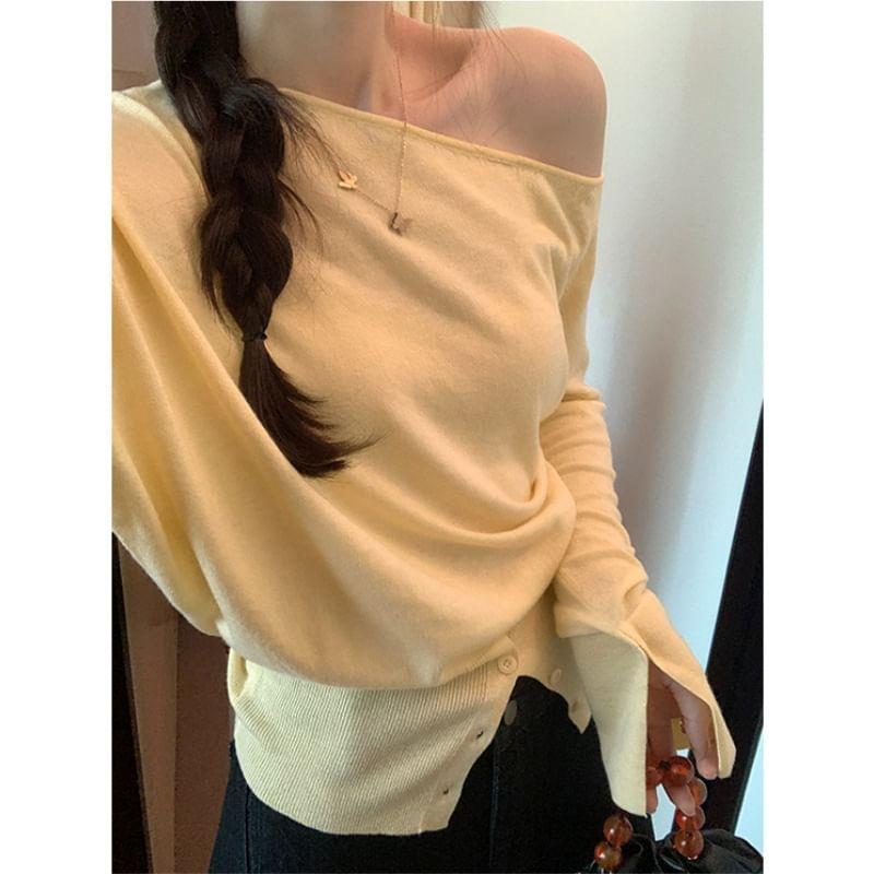 Long Sleeve One Shoulder Plain Button Slit Knit Top Product Image