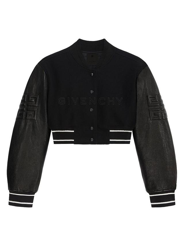 Mixed-Media Logo-Embroidered Crop Bomber Jacket Product Image