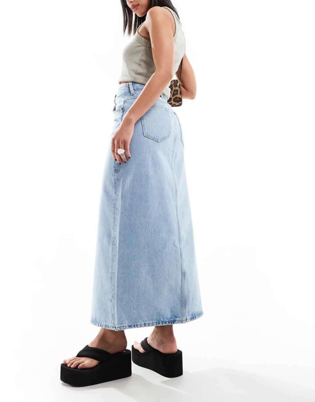 Dr Denim Myra maxi denim skirt with front slit in stream light blue retro wash Product Image