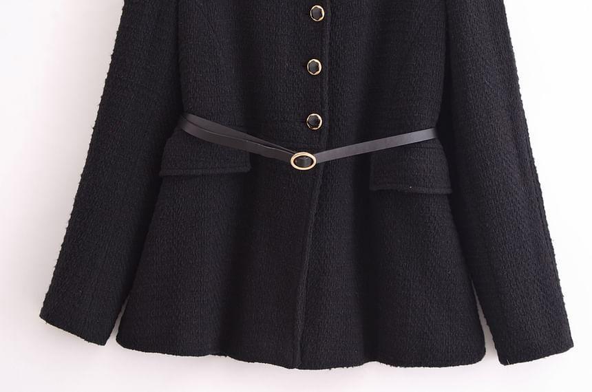 Set: Collared Plain Button Coat + Belt Product Image