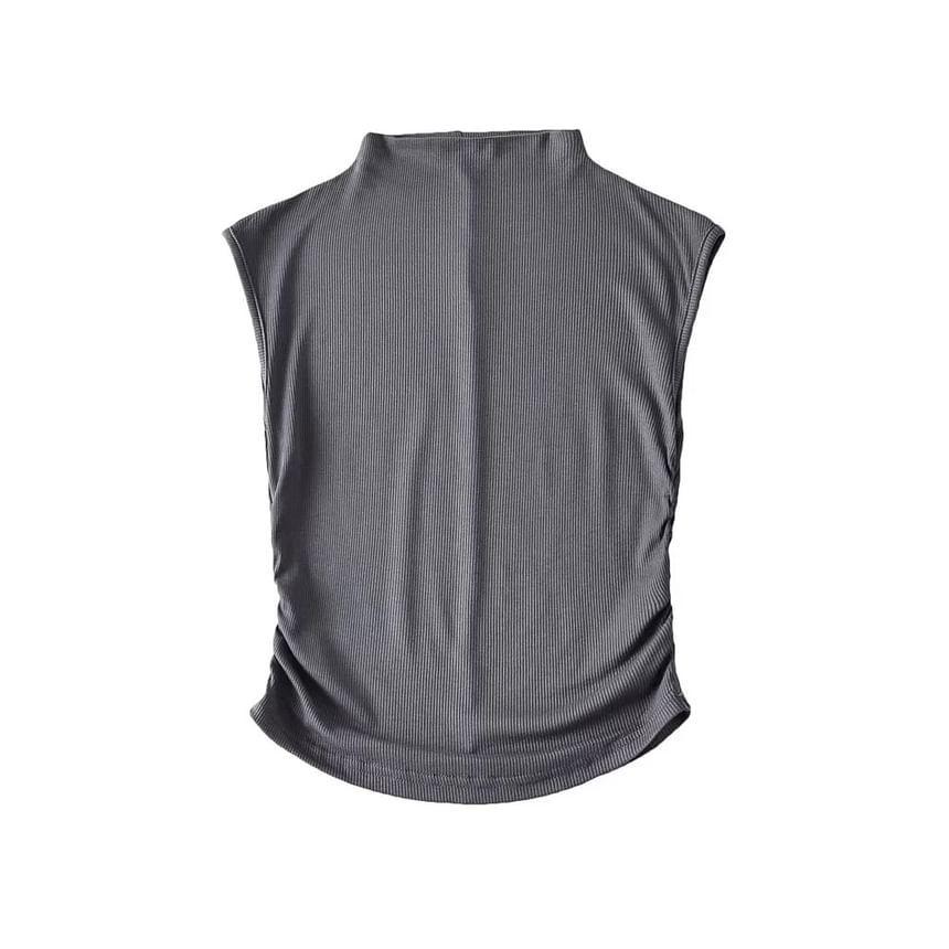 Sleeveless Mock-Neck Ruched Plain Crop Top Product Image