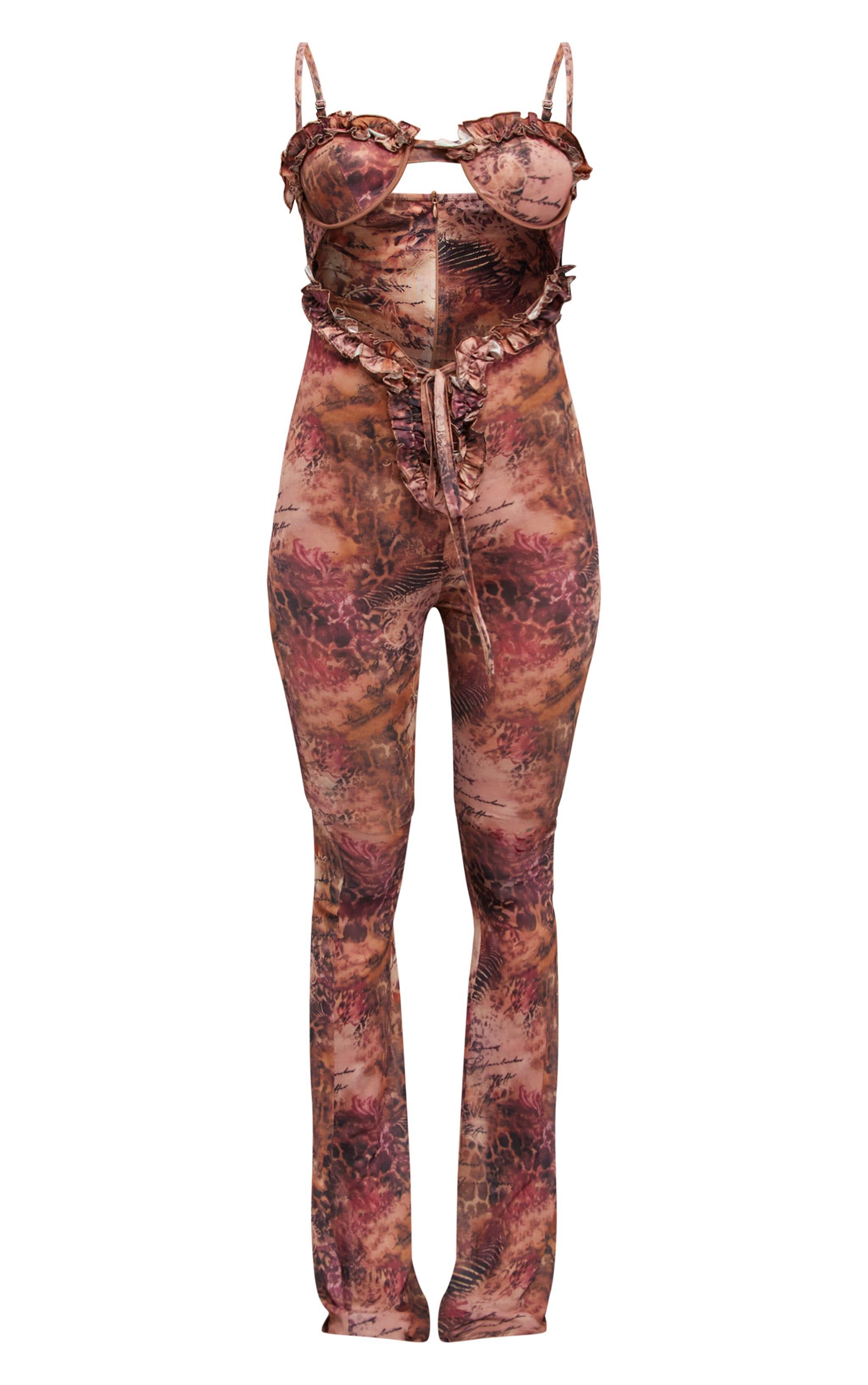 Pink Printed Mesh Cup Detail Cut Out Jumpsuit Product Image