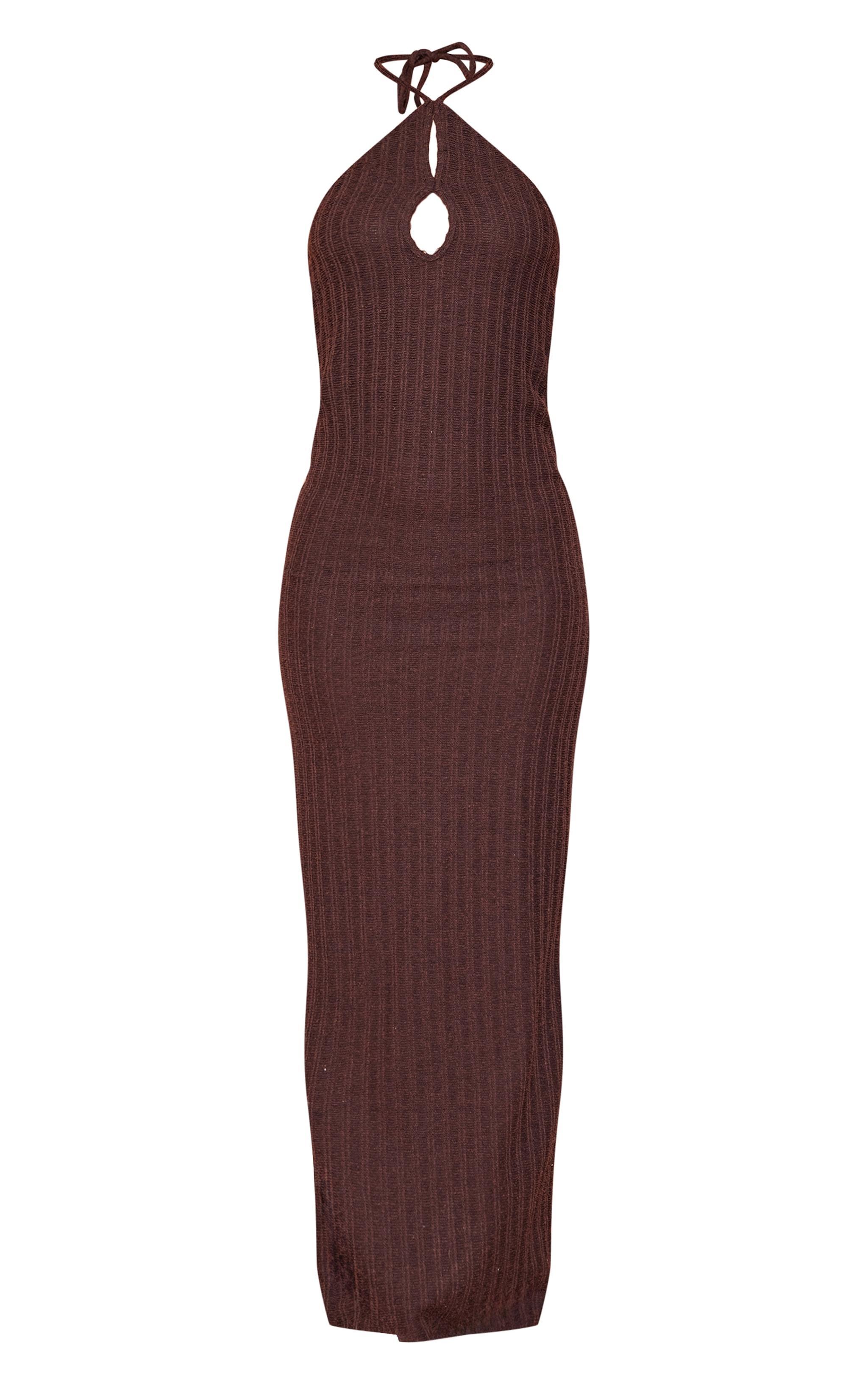 Chocolate Textured Cut Out Halterneck Maxi Dress Product Image