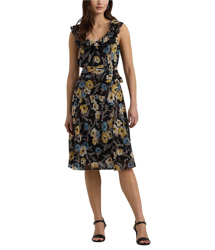 Lauren Ralph Lauren Layken Knee Length Floral Ruffle V-Neck Belted Dress Product Image