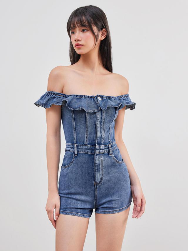 High Stretch Denim Off -shoulder Lettuce Trim Pocket Romper Product Image